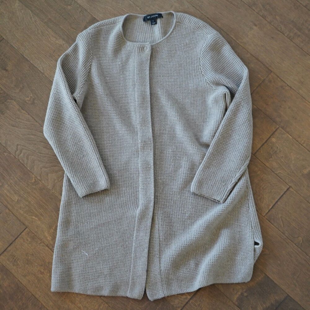 Long‎ St. John 100% Wool Sweater with Hidden Full zip SZ XL Quiet Luxury